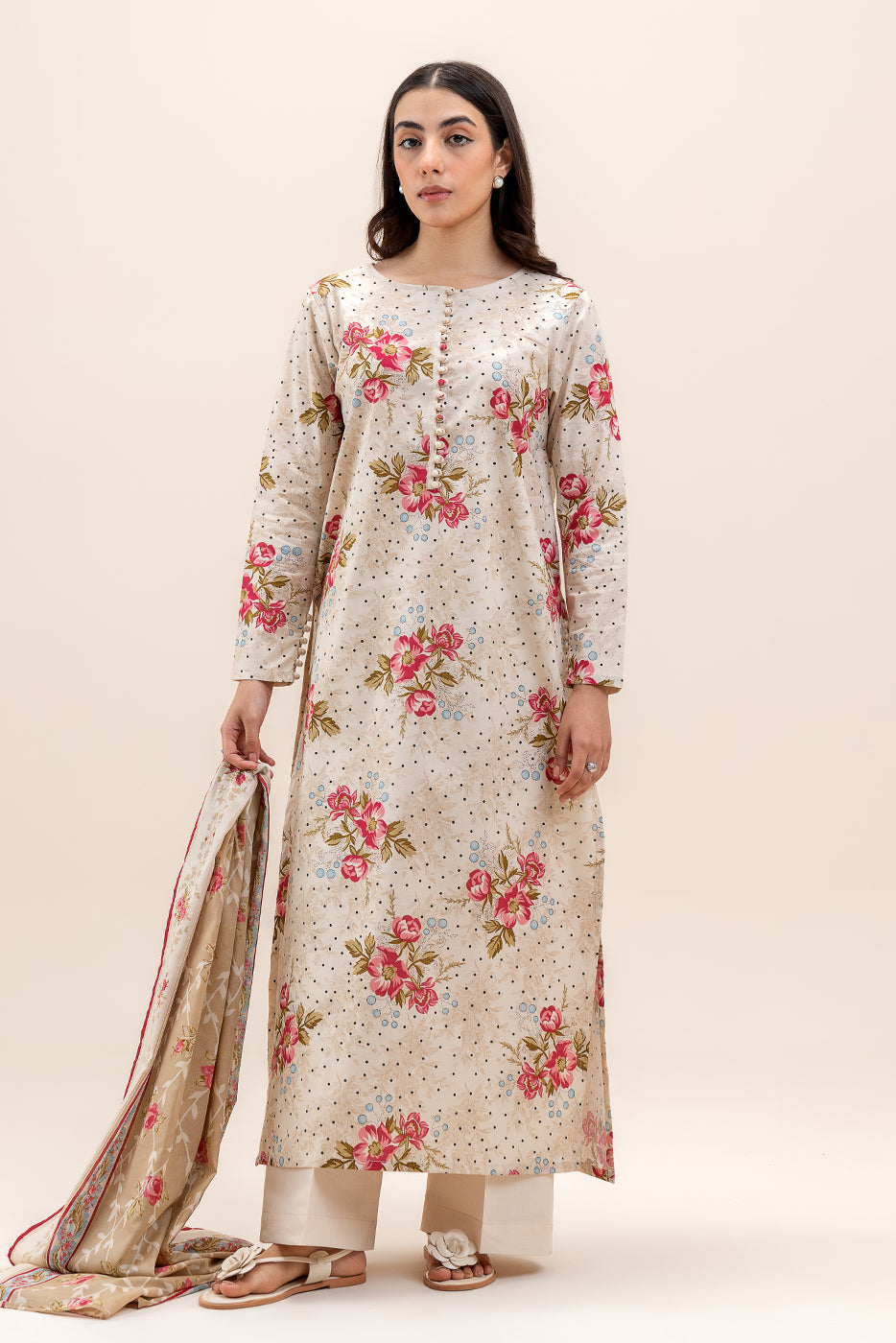 3 PIECE PRINTED LAWN SUIT-BEIGE ORCHID (UNSTITCHED)