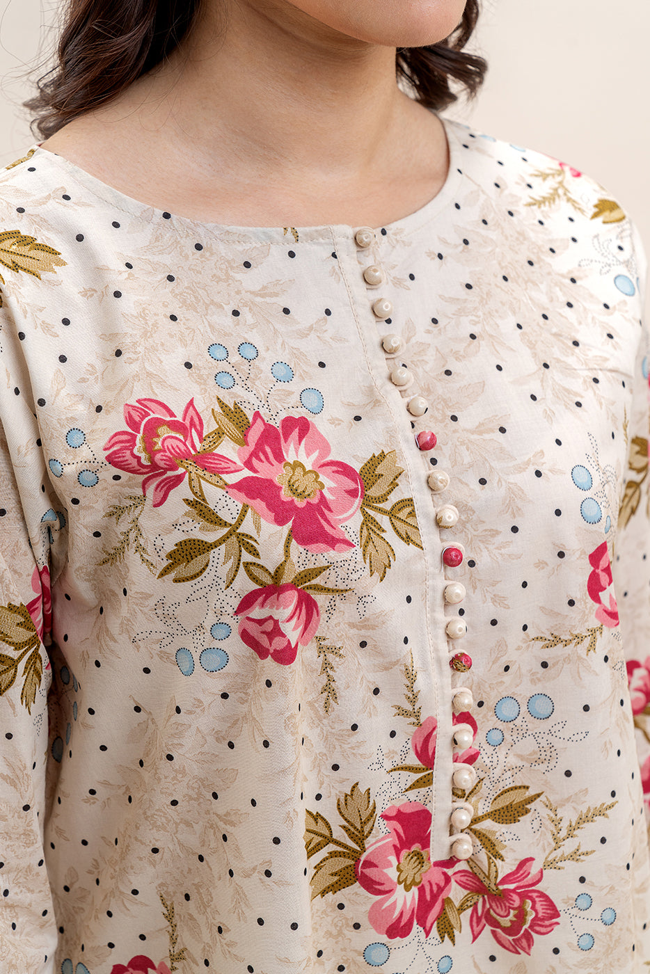 3 PIECE PRINTED LAWN SUIT-BEIGE ORCHID (UNSTITCHED)