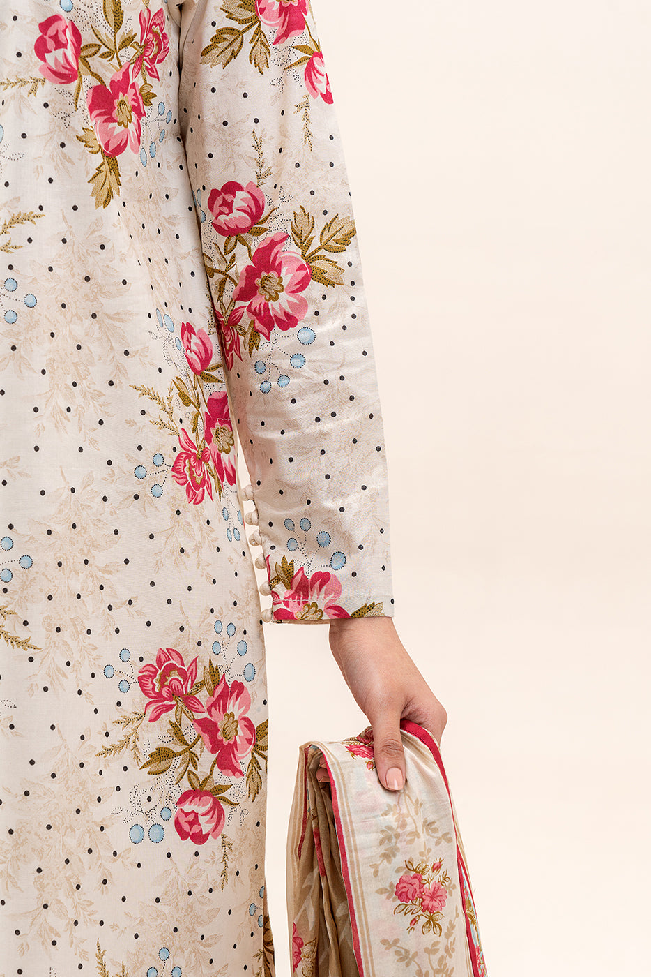 3 PIECE PRINTED LAWN SUIT-BEIGE ORCHID (UNSTITCHED)