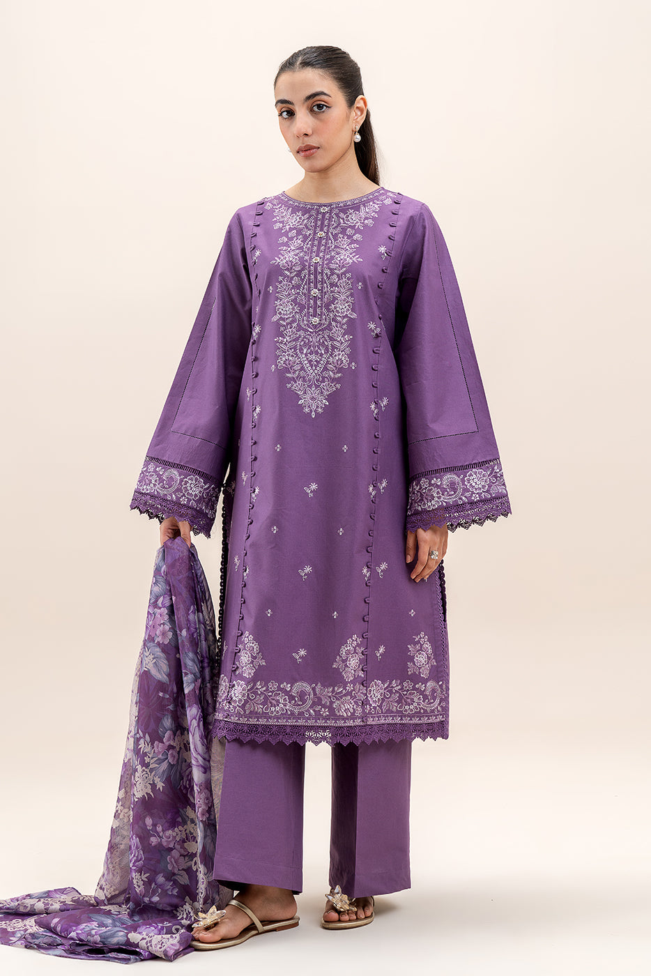 3 PIECE EMBROIDERED LAWN SUIT-FLORAL MAUVE (UNSTITCHED)
