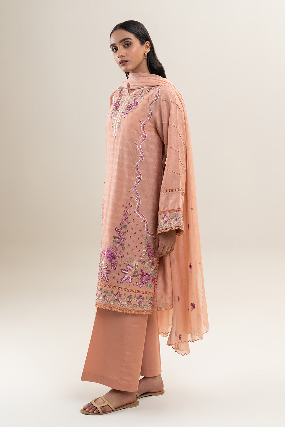 3 PIECE EMBROIDERED SELF JACQUARD SUIT-SALMON STITCH (UNSTITCHED)