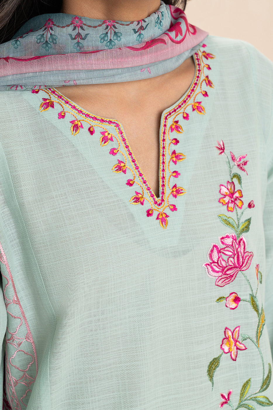 3 PIECE EMBROIDERED TWO WAY SLUB SUIT (PRET)