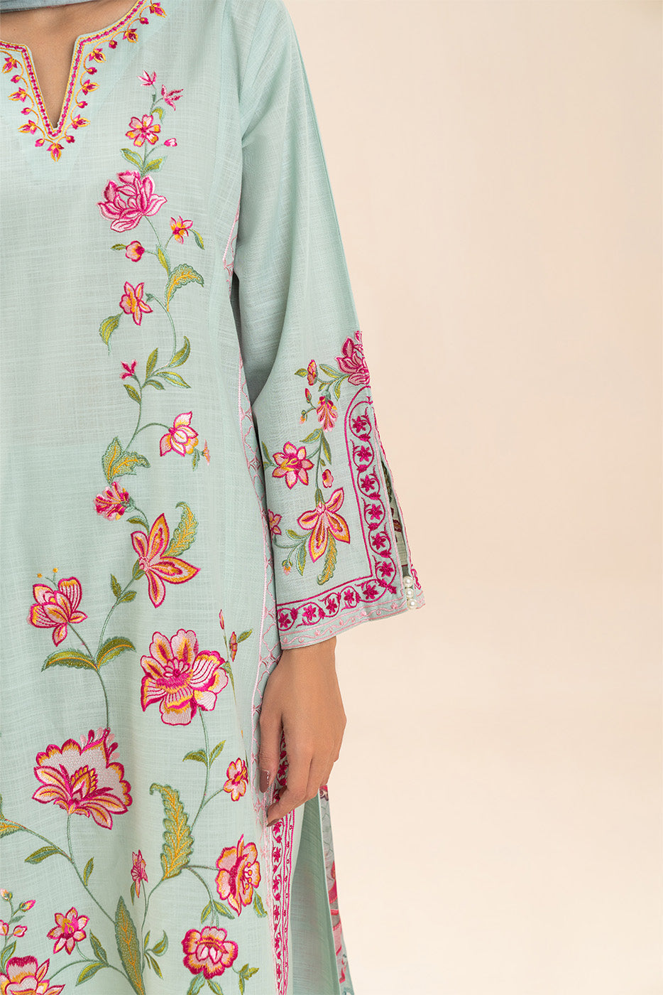 3 PIECE EMBROIDERED TWO WAY SLUB SUIT (PRET)