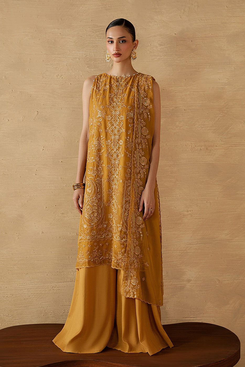 4 PIECE EMBROIDERED CHIFFON SUIT-GOLD SECRET (LUXURY UNSTITCHED)