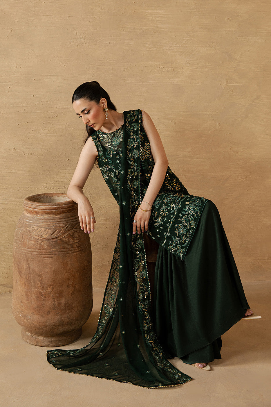 4 PIECE EMBROIDERED CHIFFON SUIT-EVERGREEN GROVE (LUXURY UNSTITCHED)