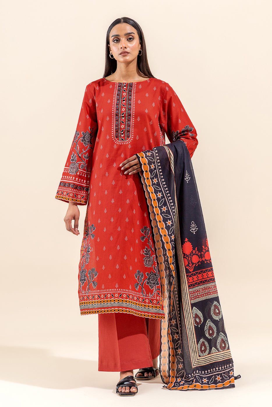 3 PIECE PRINTED LAWN SUIT-CORAL DIVINITY (UNSTITCHED)