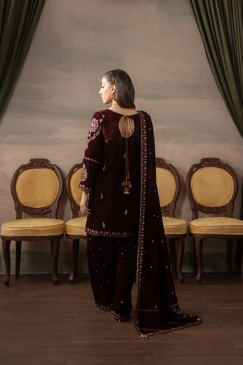 3 PIECE EMBROIDERED VELVET SUIT-FAUX FEMME ( LUXURY UNSTITCHED )