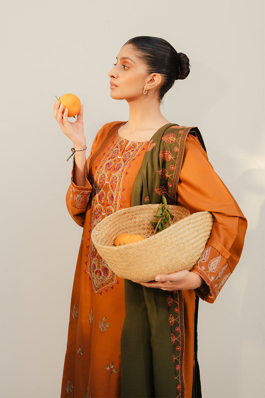 3 PIECE - EMBROIDERED COTTON SATIN SUIT WITH EMBROIDERED SHAWL - BASIL DUST (UNSTITCHED)