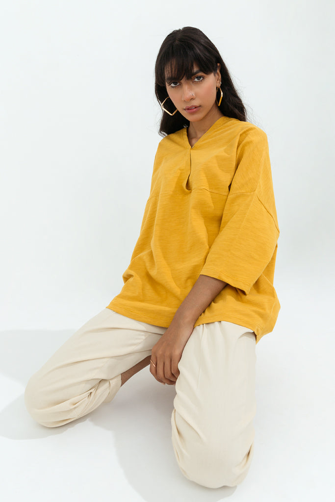Mustard Slub Jersey Overlaped Top