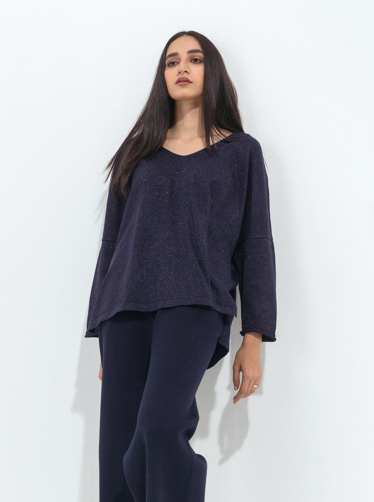 NAVY SHIMMER FINE KNIT TOP
