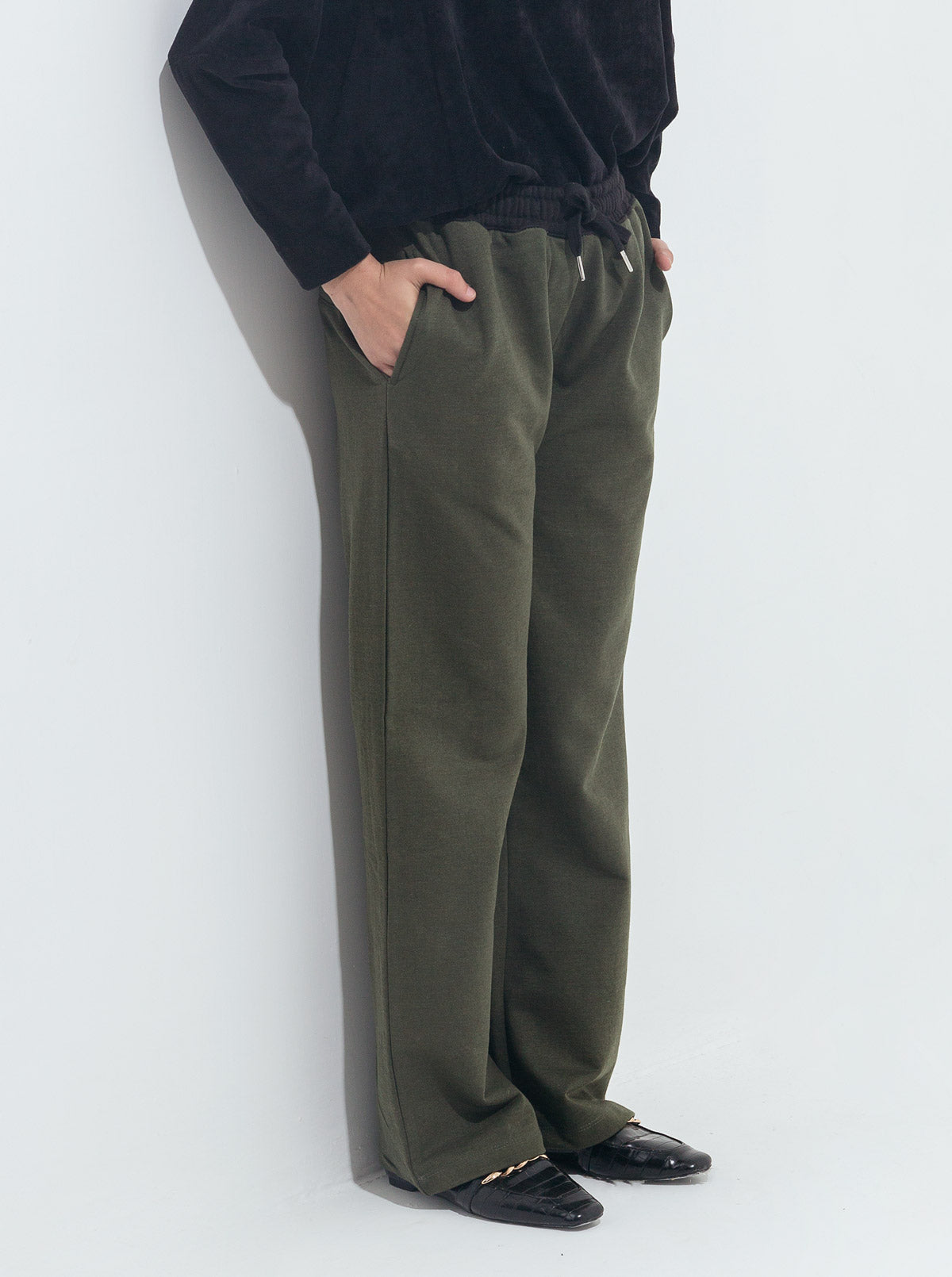 OLIVE GREEN CONTRAST WAIST-BELT FLEECE PANTS