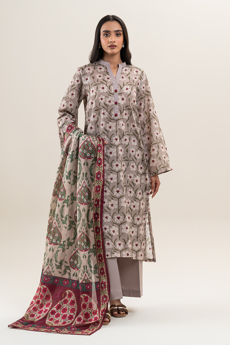 3 PIECE PRINTED LAWN SUIT-FOSSIL FLORA (UNSTITCHED)