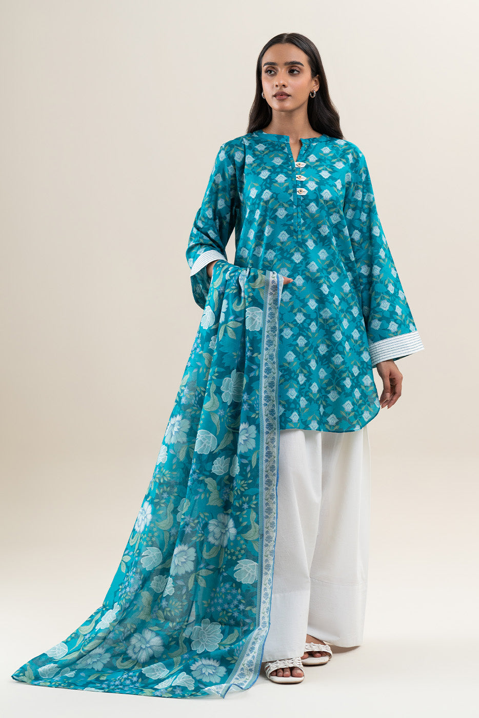 2 PIECE PRINTED LAWN SUIT-TEAL HUES (UNSTITCHED)