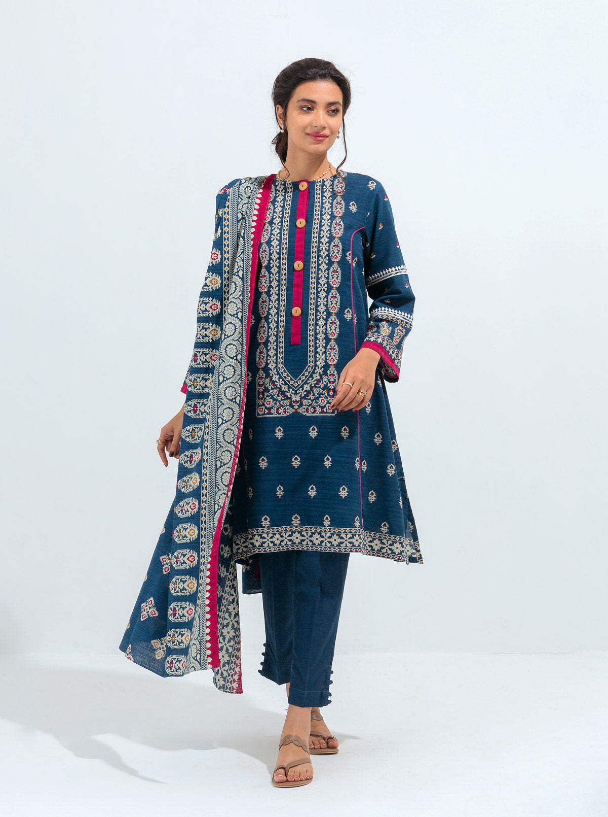 3 PIECE - PRINTED KHADDAR SUIT - BLUE BROCADE MORBAGH WN_21