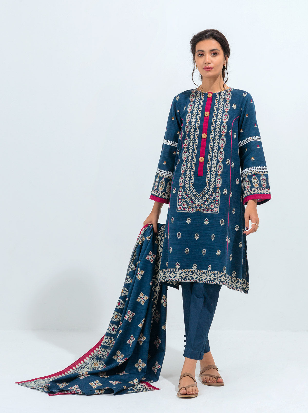 3 PIECE - PRINTED KHADDAR SUIT - BLUE BROCADE MORBAGH WN_21