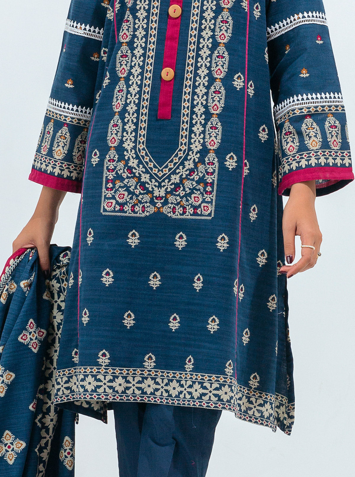 3 PIECE - PRINTED KHADDAR SUIT - BLUE BROCADE MORBAGH WN_21