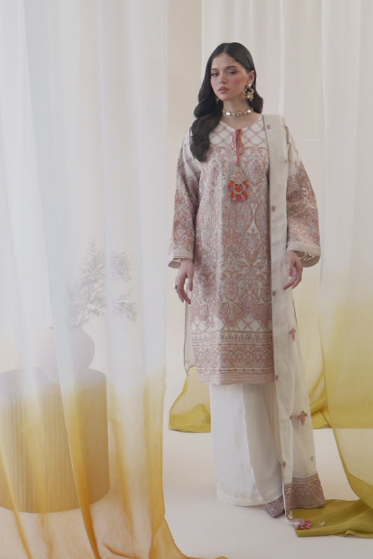 4 PIECE EMBROIDERED COTTON NET SUIT-OYSTER BLOOM (UNSTITCHED)