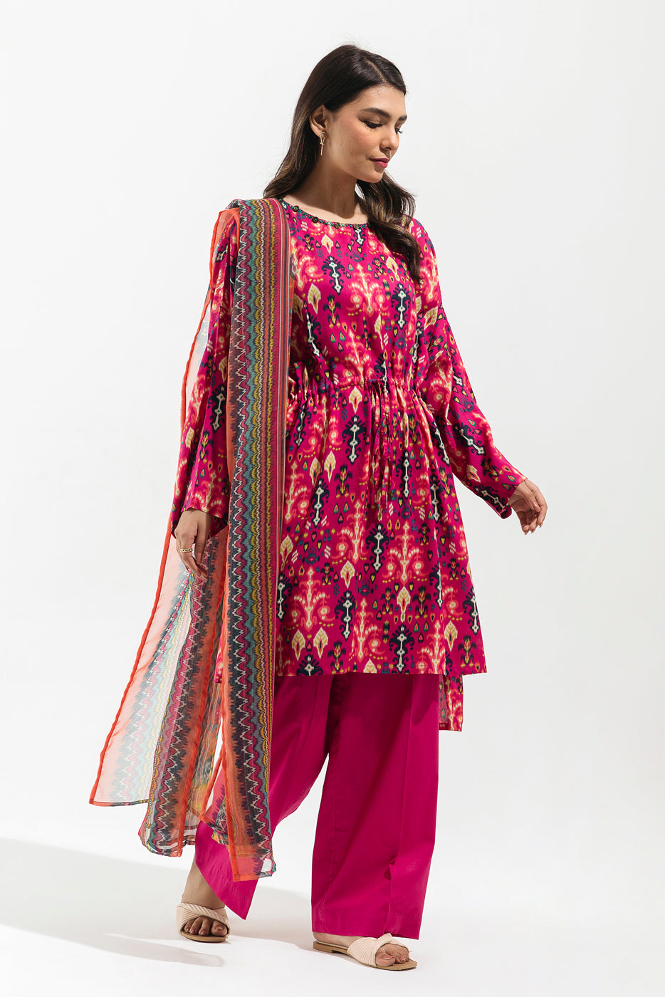 3 PIECE - PRINTED VISCOSE SUIT - FUSHCIA IKAT