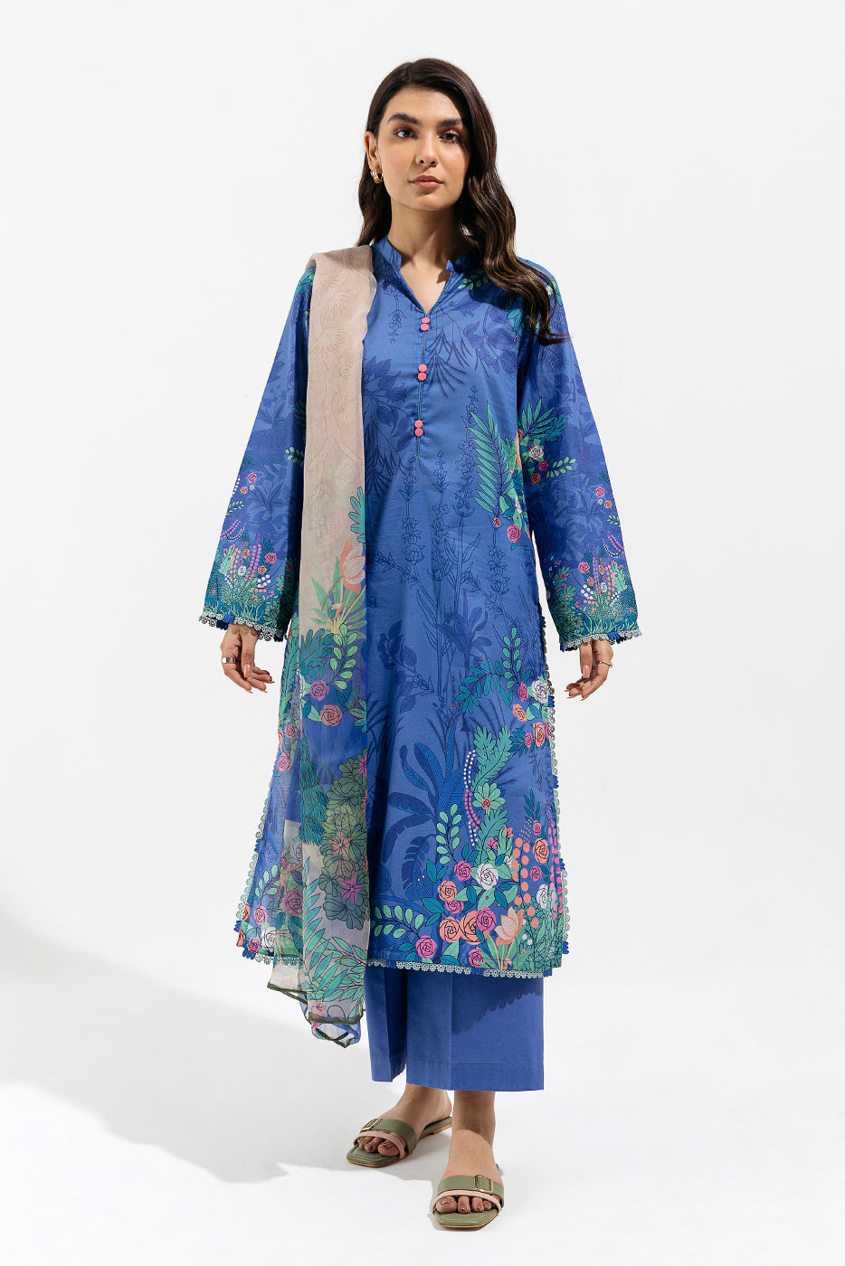 3 PIECE - PRINTED LAWN SUIT - CORNFLOWER ILLUSTRATION