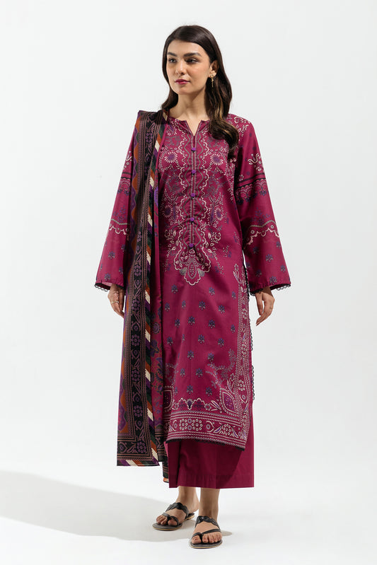 3 PIECE - PRINTED  LAWN SUIT - MULBERRY PLUM