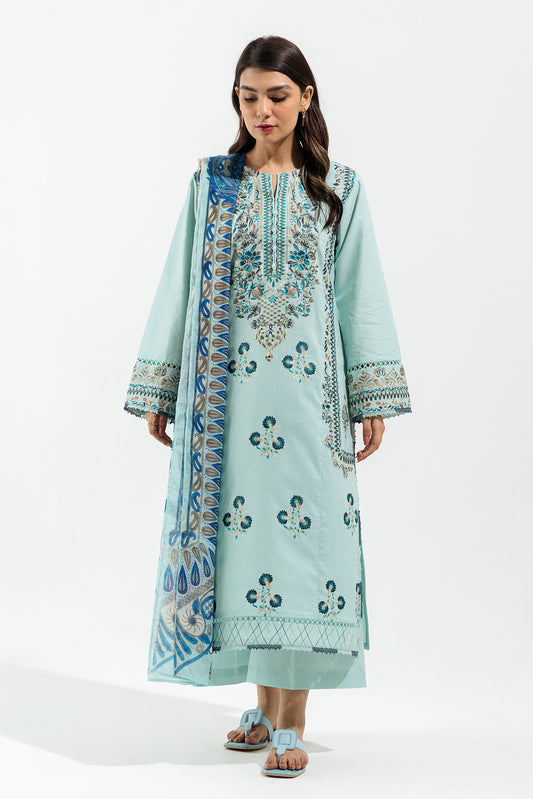 3 PIECE - EMBROIDERED LAWN SUIT - TEAL HUES
