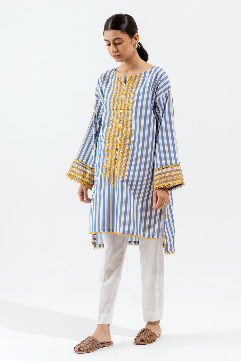 1 PIECE - EMBROIDERED YARN DYED SHIRT - BLUESTONE GEM