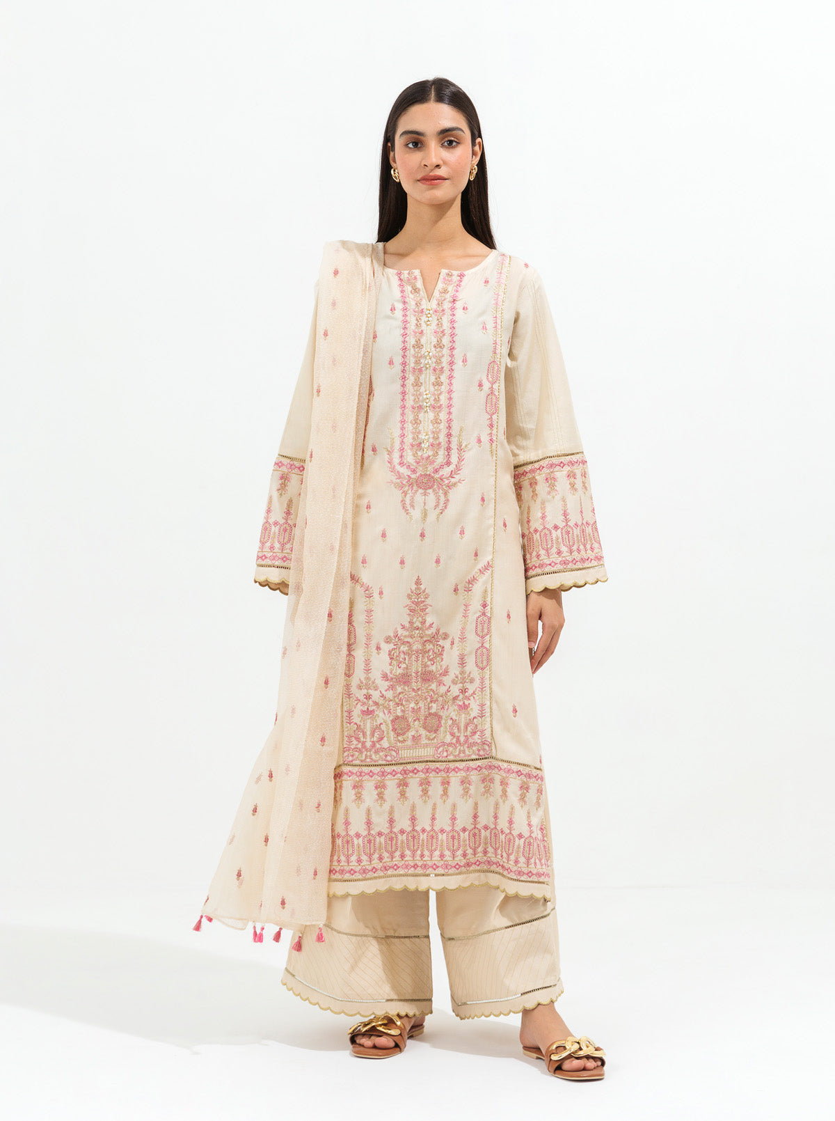 3 PIECE - EMBROIDERED COTTON SUIT - BEIGE BLUSH