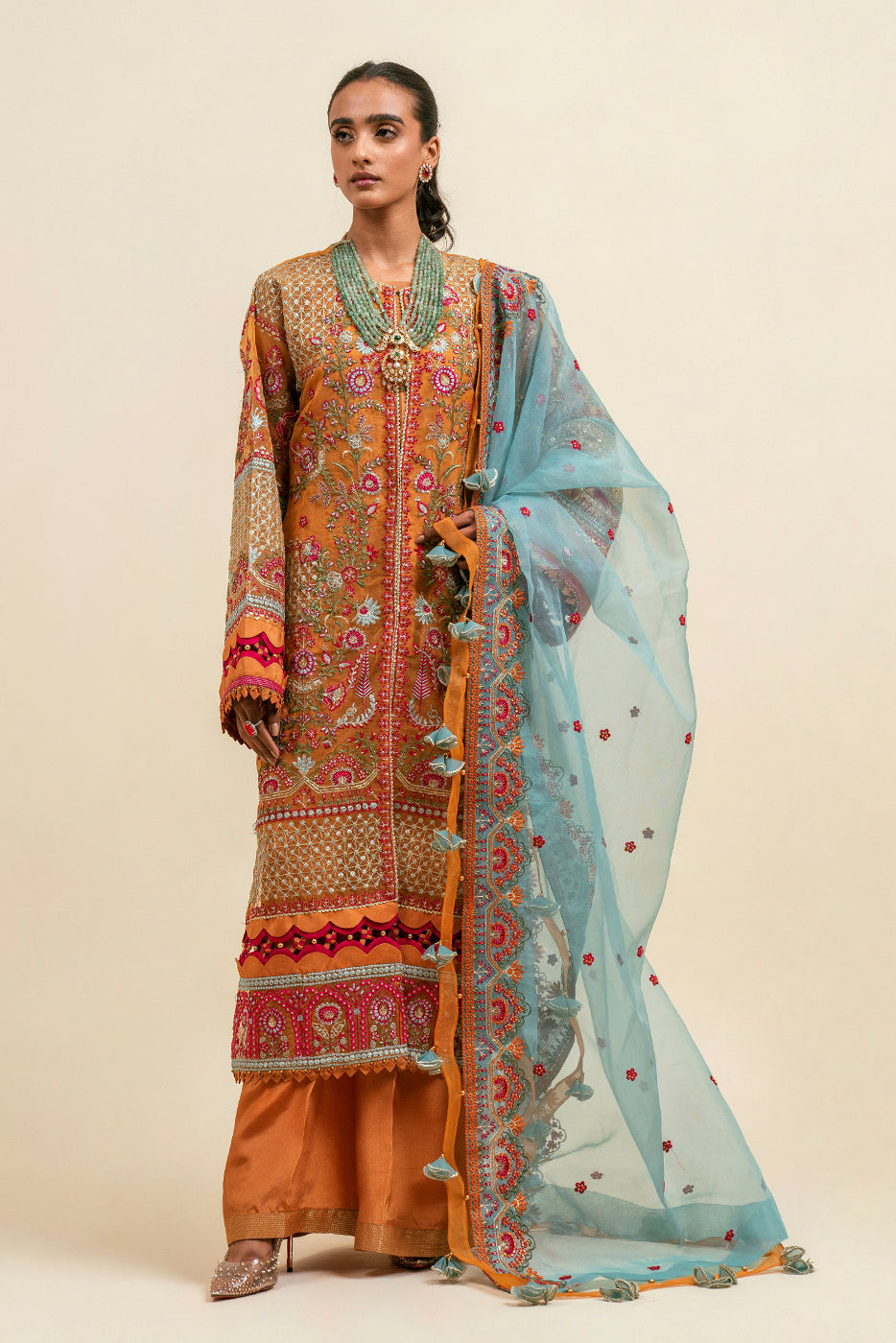 4 PIECE - EMBROIDERD ORGANZA SUIT - CADMIUM DREAM