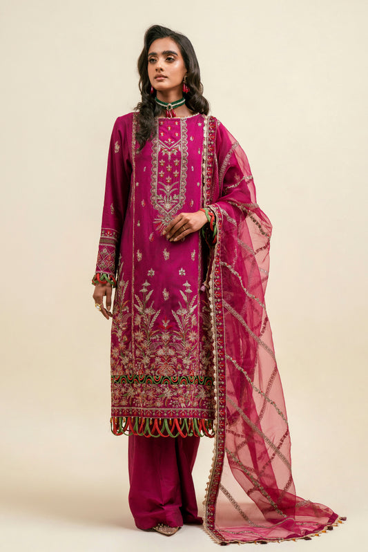 3 PIECE - EMBROIDERD TWO TONE SUIT - MAGENTA GARLAND