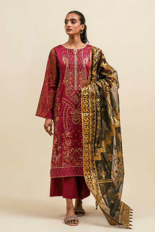 3 PIECE - EMBROIDERD LAWN SUIT - MULBERRY DESIRE (UNSTITCHED)
