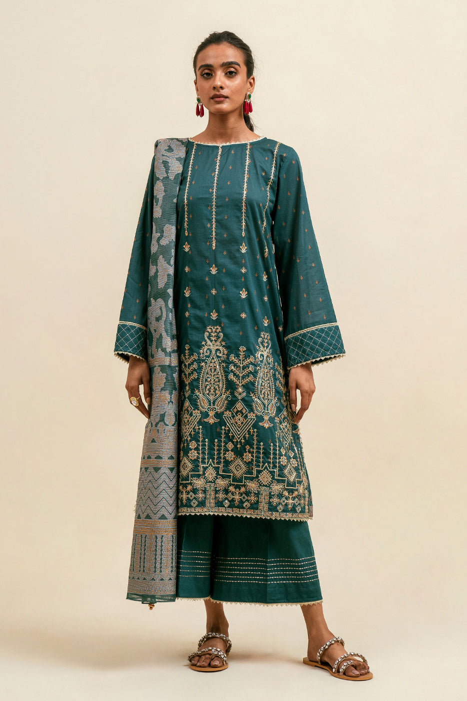 3 PIECE - EMBROIDERD LAWN SUIT - TEAL TWILL