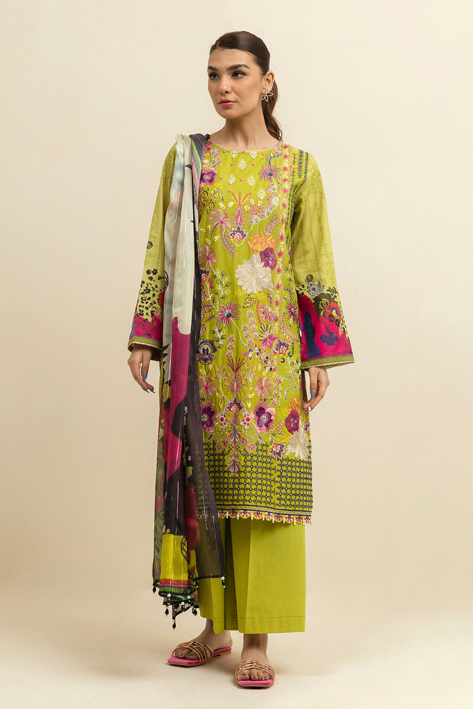 4 PIECE - EMBROIDERD LAWN SUIT - LIME BLOOM (UNSTITCHED)