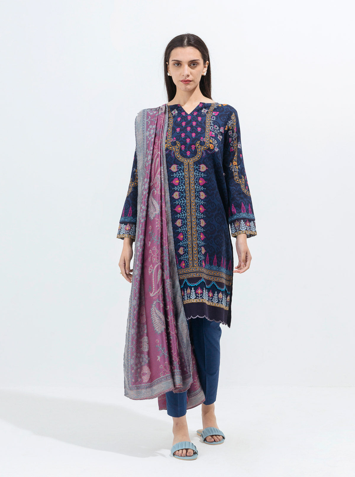 LAPIS NAVY-EMBROIDERED WITH SHAWL-3P (UNSTITCHED)