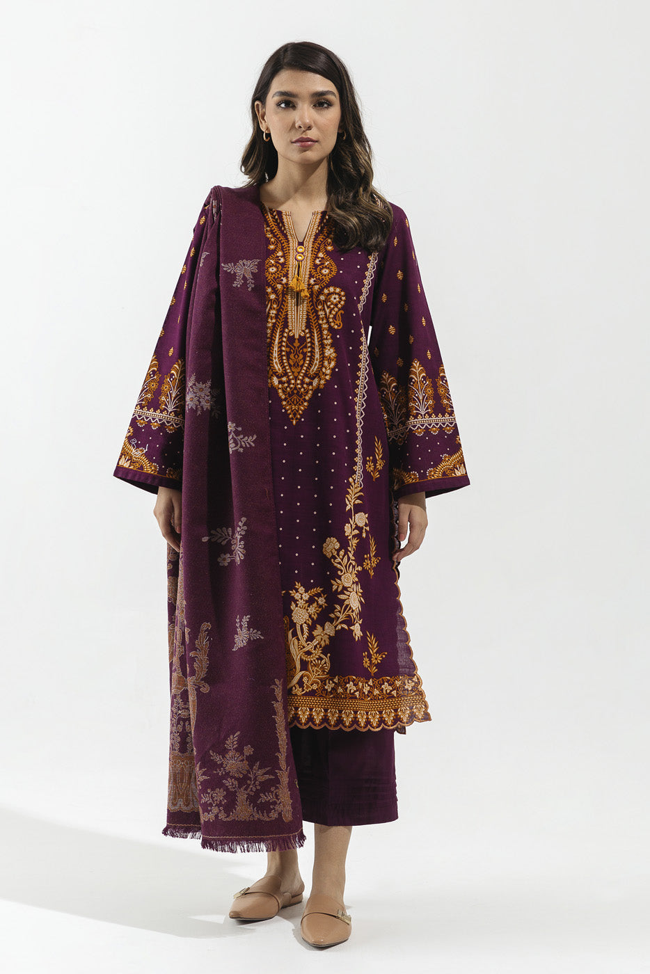 3 PIECE - PRINTED WITH SHAWL KHADDAR SUIT - PLUM ALLEY (UNSTITCHED)