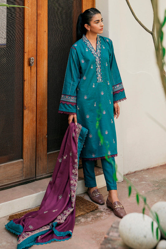 3 PIECE - EMBROIDERED WITH SHAWL KHADDAR SUIT - CLASSIC BLUE