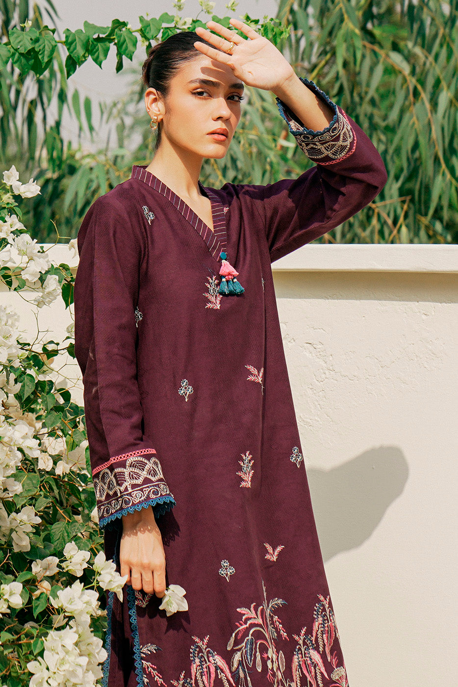 2 PIECE - EMBROIDERED JACQUARD SUIT - PLUM PETAL (UNSTITCHED)