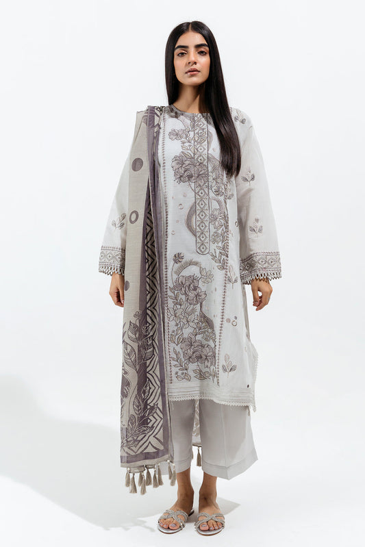4 PIECE - EMBROIDERED PAPER COTTON SUIT - DEWY GRAY(UNSTITCHED)