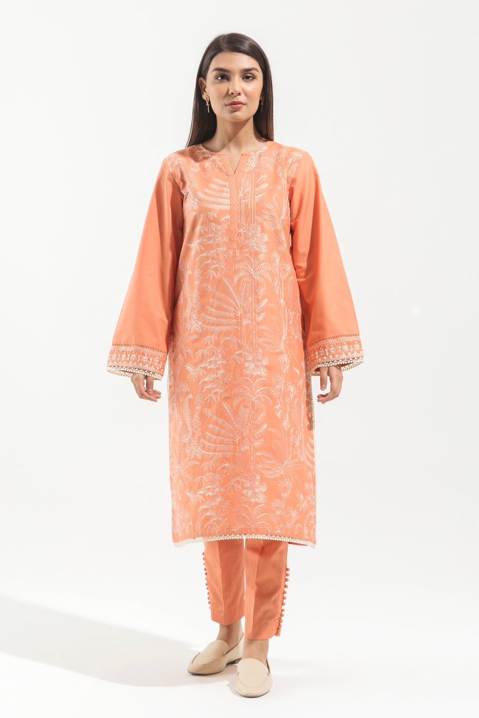 2 PIECE - EMBROIDERED KHADDAR SUIT - SALMON SILHOUETTE