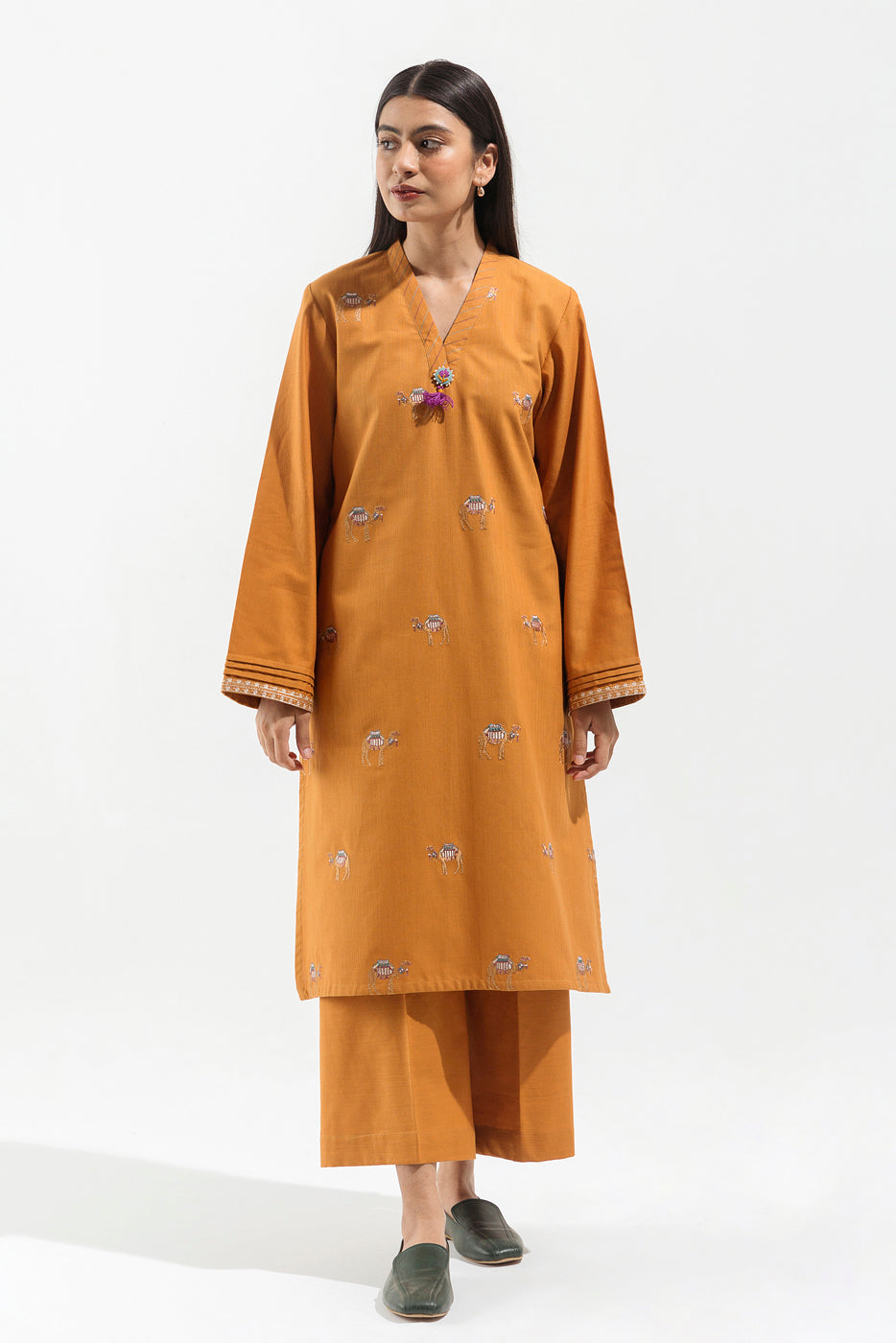 2 PIECE - EMBROIDERED KHADDAR SUIT - GOLDEN TONES