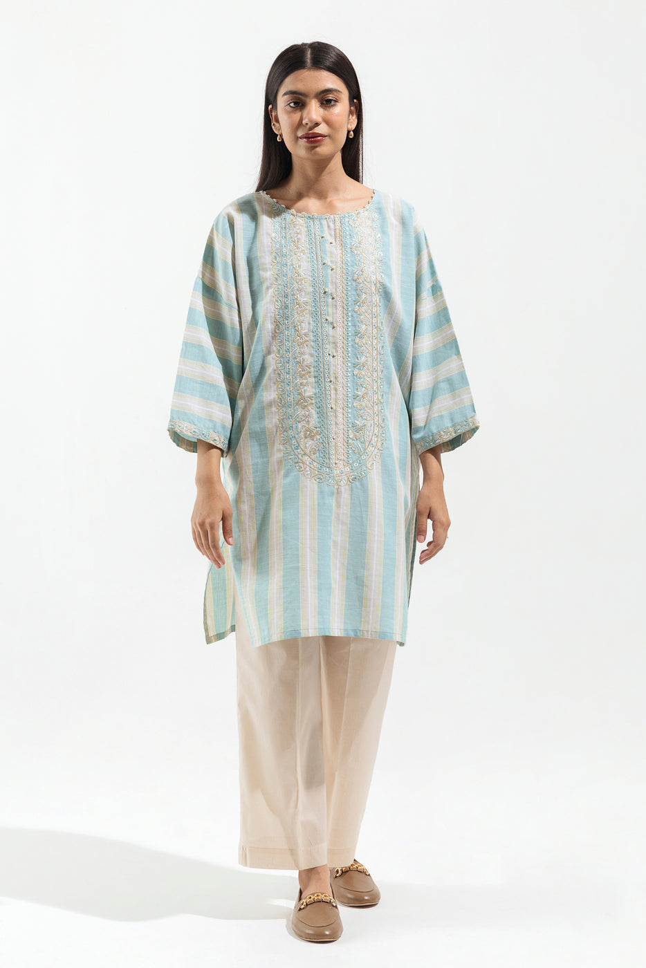 1 PIECE - EMBROIDERED YARN DYED SHIRT - PEARL DEW