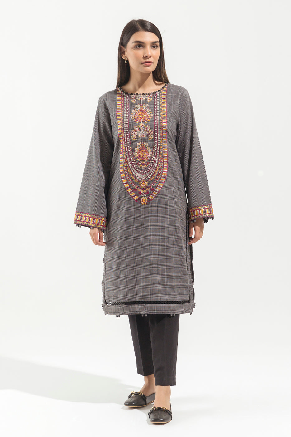 1 PIECE - EMBROIDERED YARN DYED SHIRT - FOSSIL SPECK