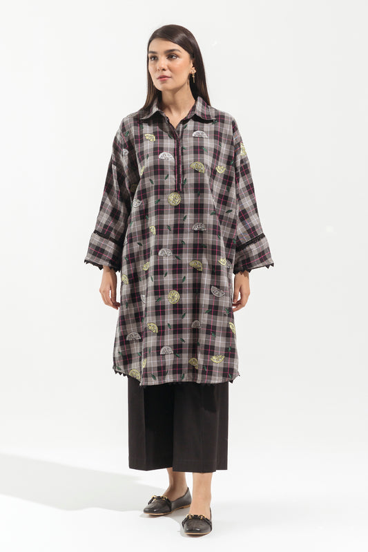 1 PIECE - EMBROIDERED  YARN DYED SHIRT - LIME CHESS