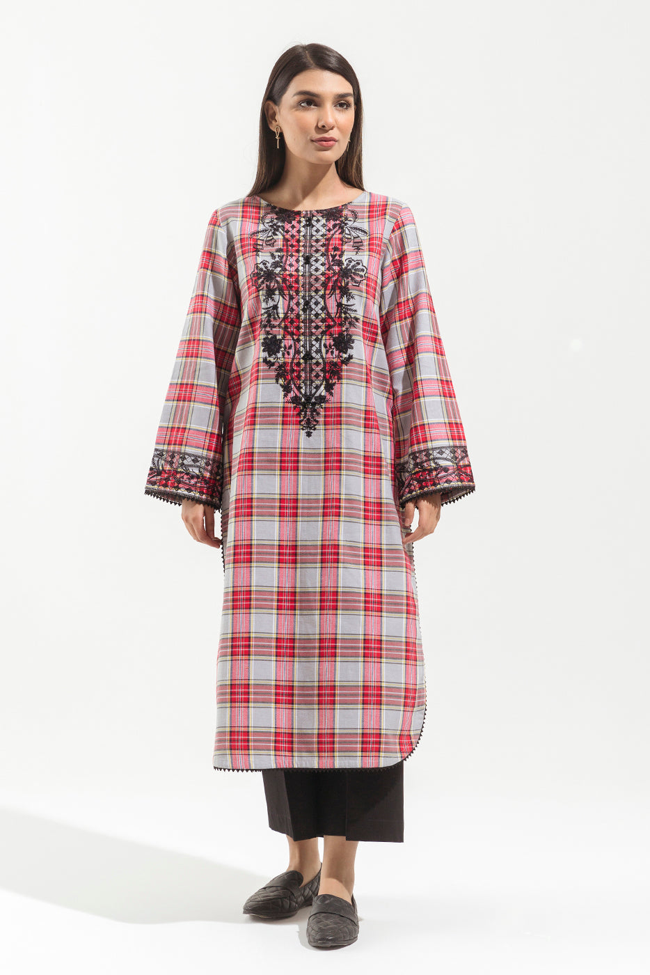 1 PIECE - EMBROIDERED  YARN DYED SHIRT - CRIMSON MAZE