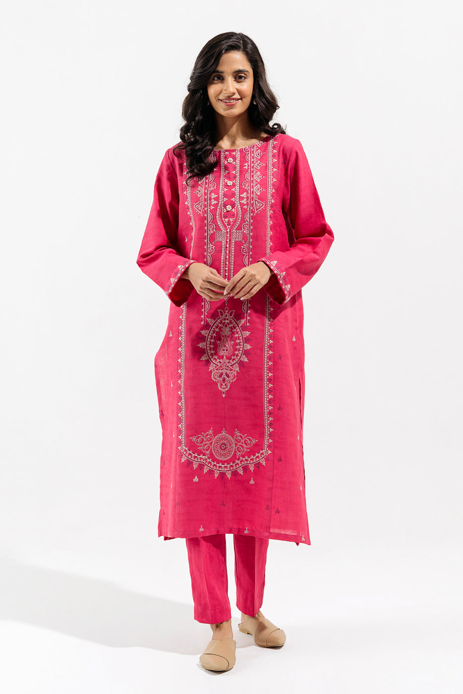 1 PIECE - EMBROIDERED JACQUARD SHIRT - CRANBERRY CRUSH (UNSTITCHED)