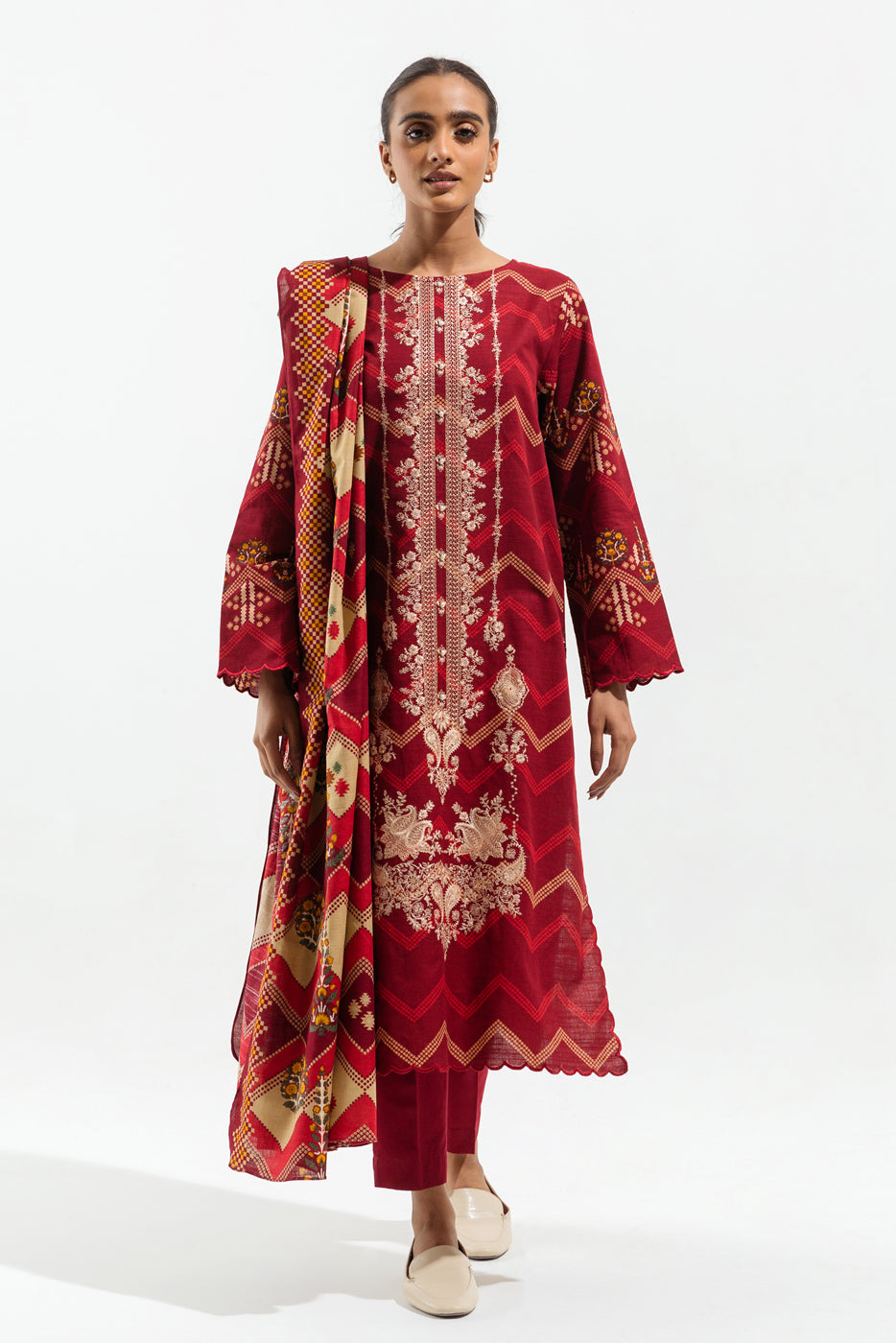 3 PIECE - EMBROIDERED KHADDAR SUIT - SCARLET BAT