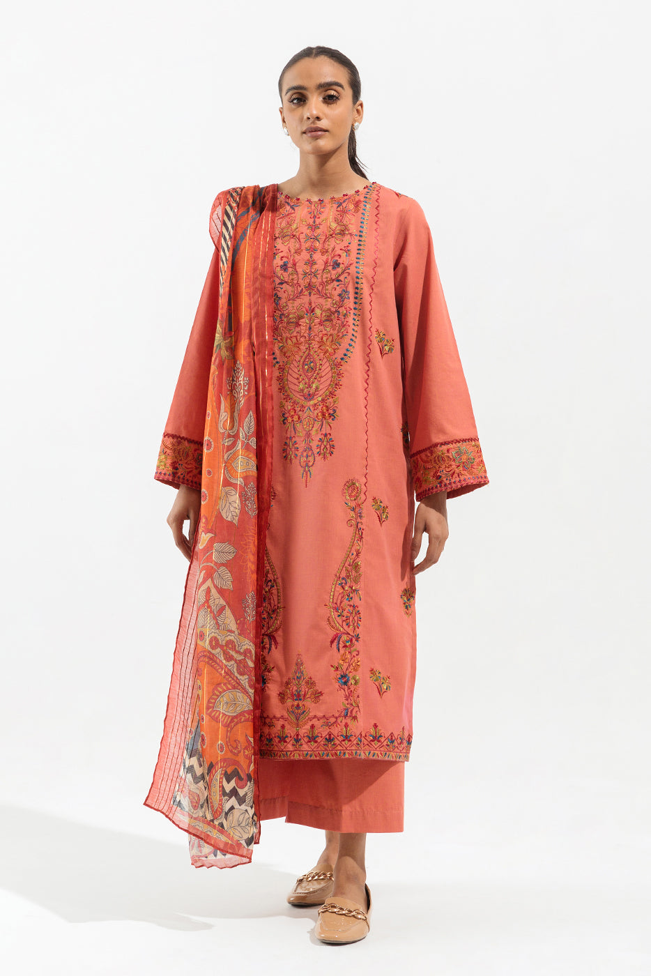 3 PIECE - EMBROIDERED TWO TONE SUIT - CORAL WEAVE