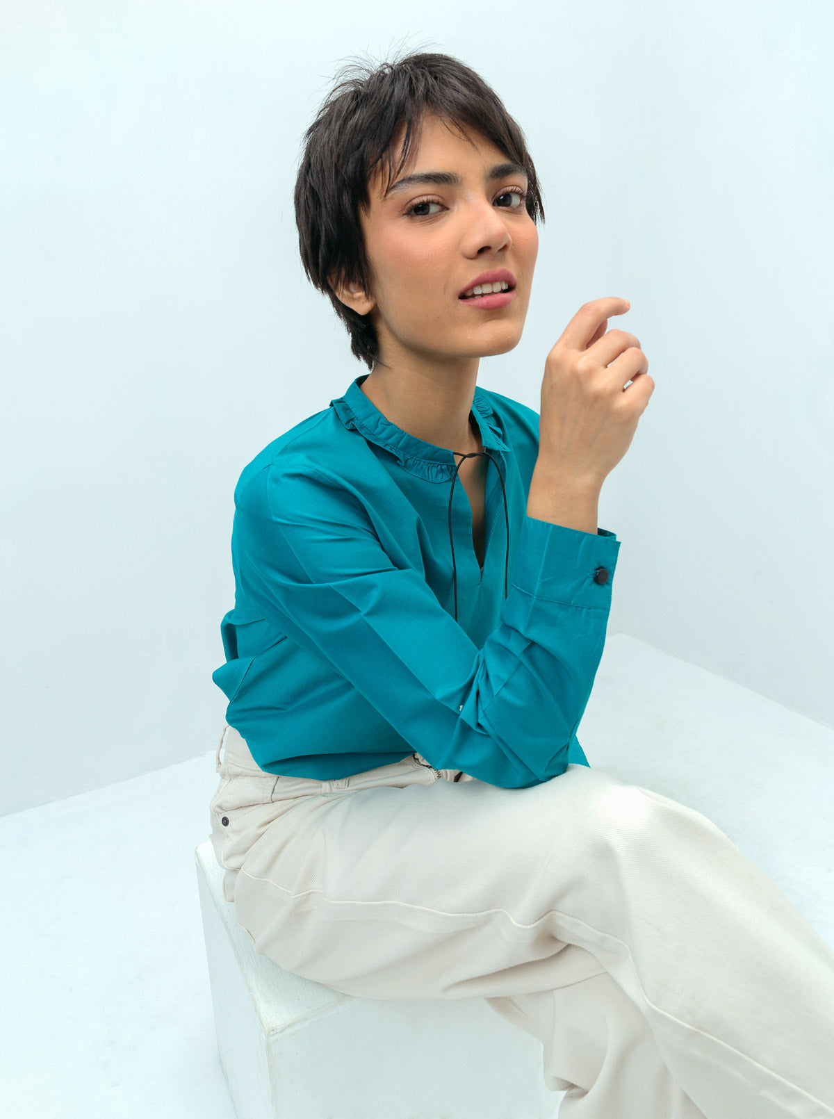 BRIGHT TEAL FRILL NECKLINE TOP