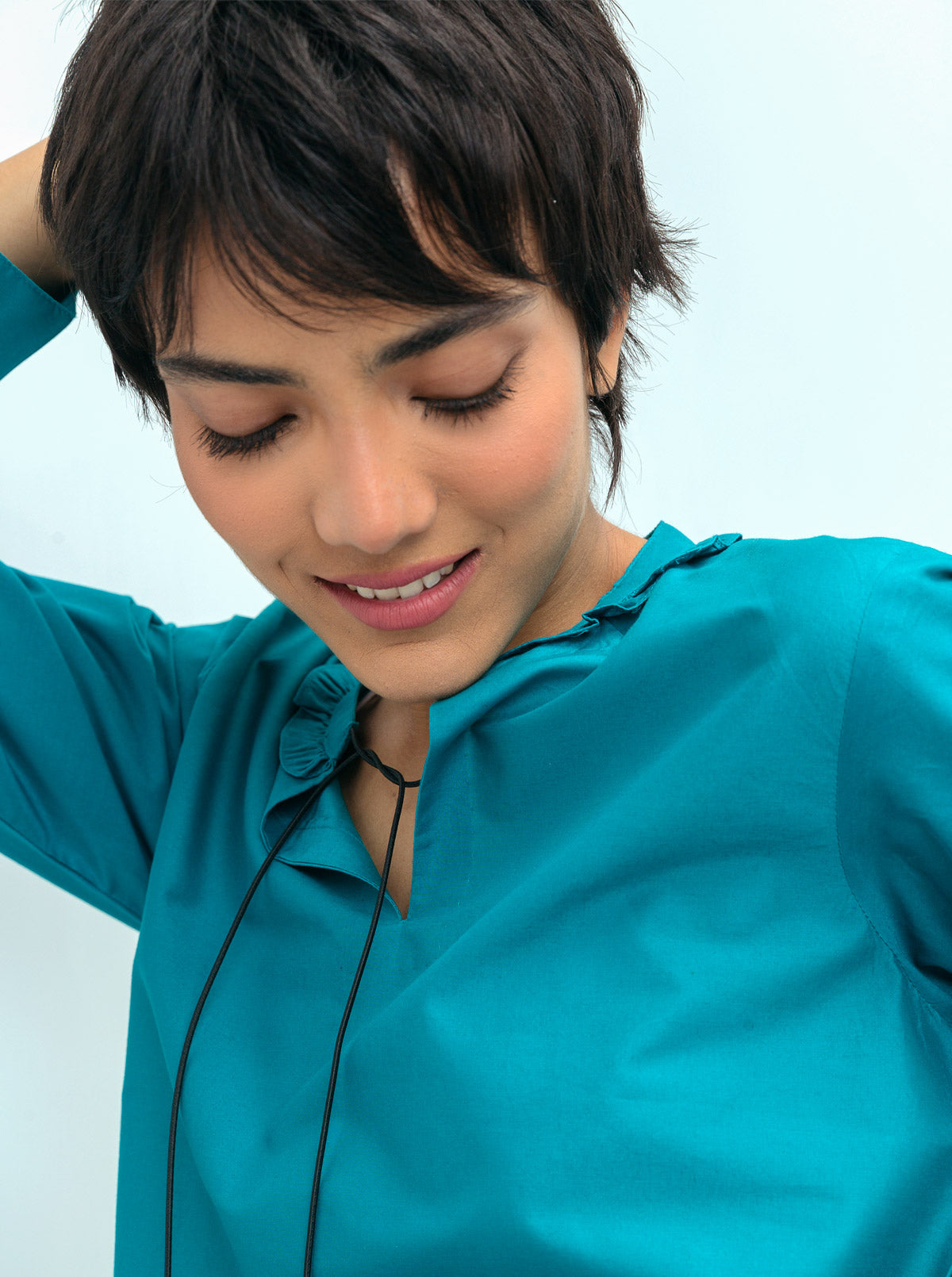 BRIGHT TEAL FRILL NECKLINE TOP