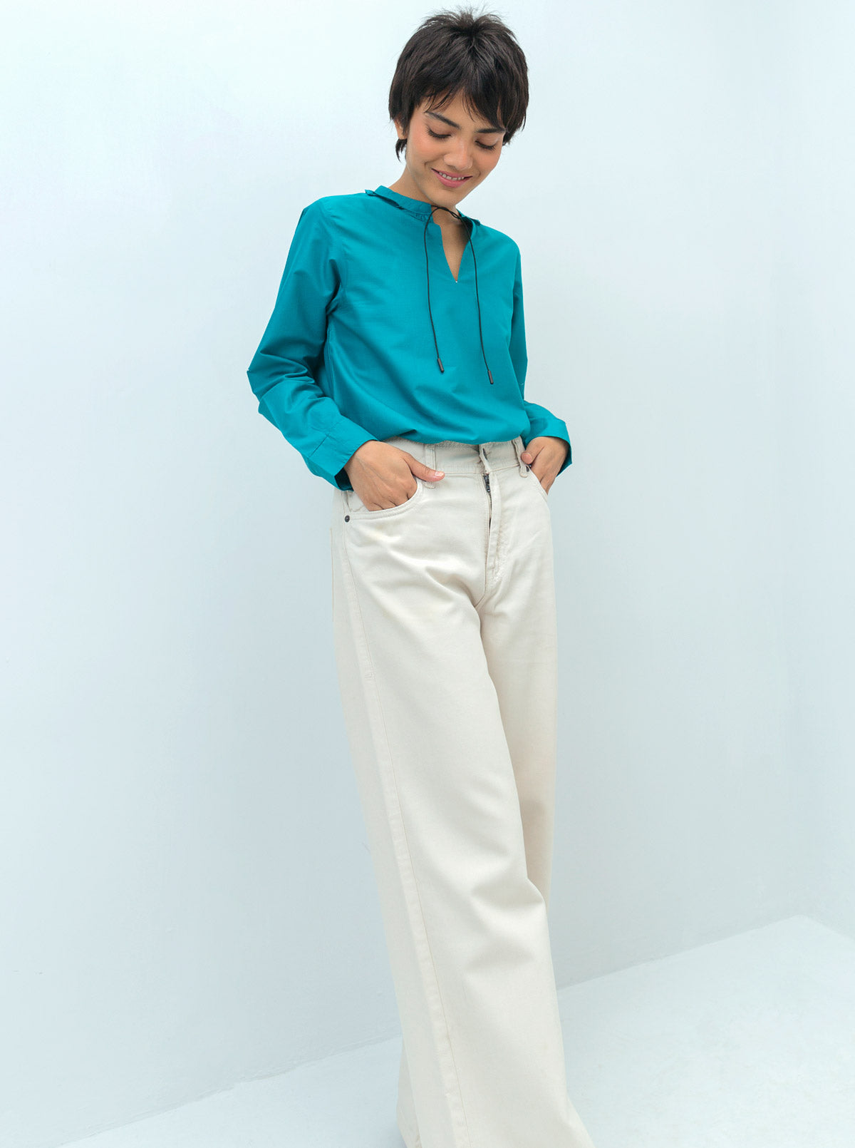 BRIGHT TEAL FRILL NECKLINE TOP