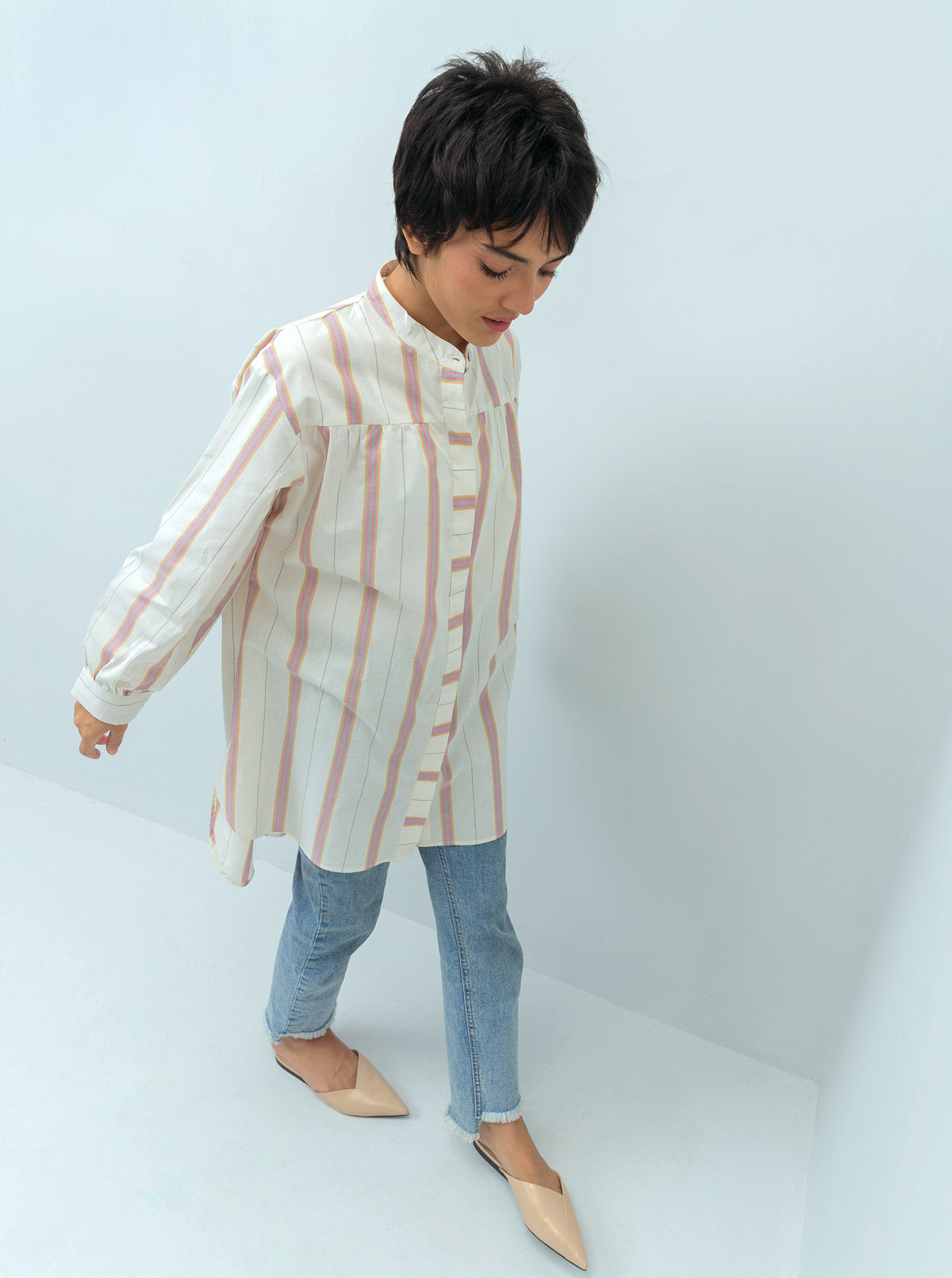 MULTI STRIPED GATHERED YOKE SHIRT
